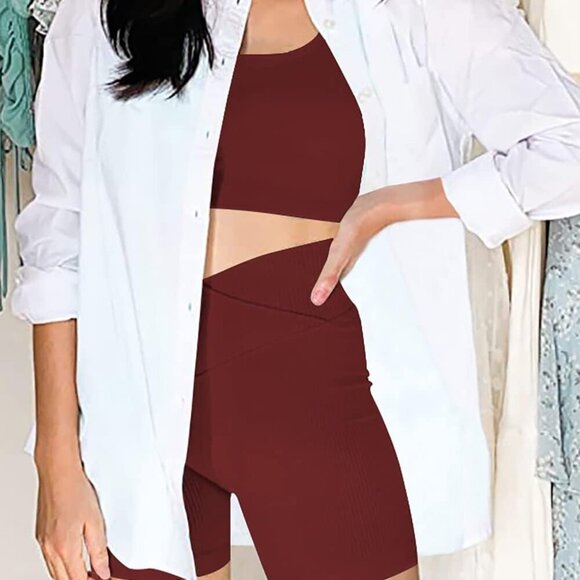 Workout Sets for Women Two Piece Sexy Summer Sports Bra and Crossover Shorts Mat - Picture 4 of 6